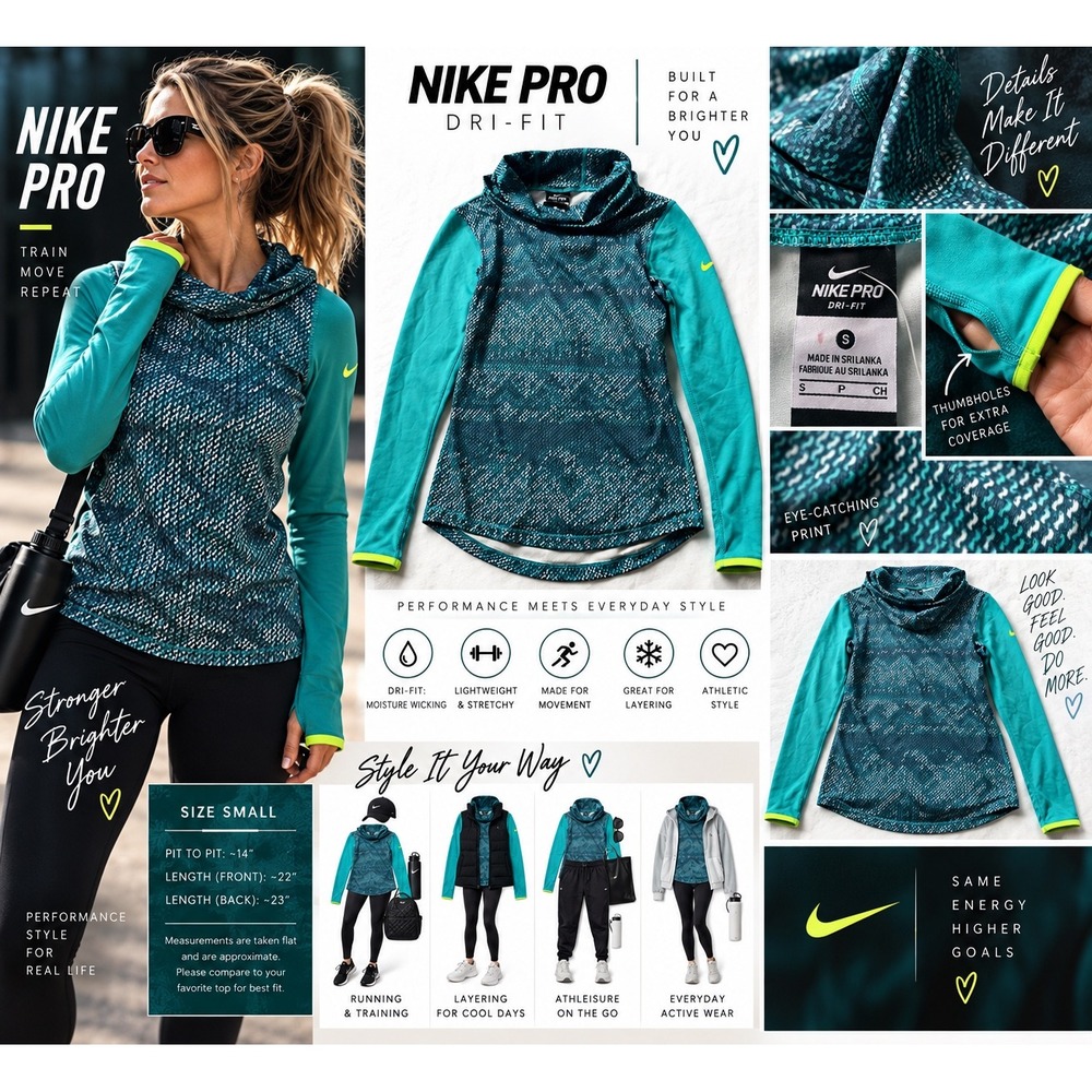 Nike Pro Dri-FIT Hooded Top Womens Small Teal Volt Long Sleeve Running Thumbhole